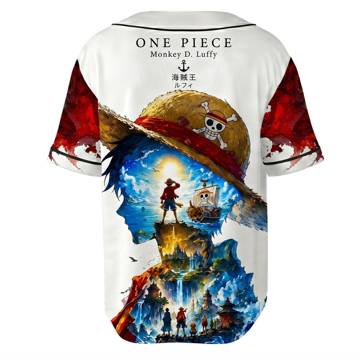 Red Blue Authentic Baseball Jersey — Anime Pirate Inspired Button Up Jersey — Manga Fan Cosplay Spor - Custom Fan Apparel Image 4