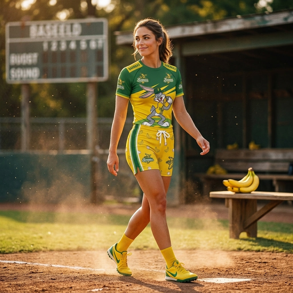 Baseball Fan T-Shirt And Shorts Set — Green Yellow Cartoon Sport Outfit For Summer