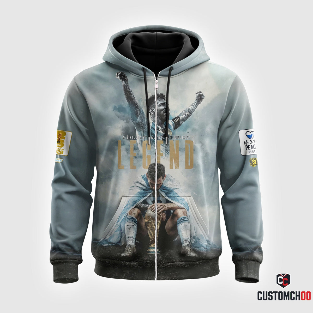 Argentina Legend Soccer Graphic Hoodie, World Champion Football Sweatshirt, Light Blue Fan T-Shirt, Zip Hoodie Gift