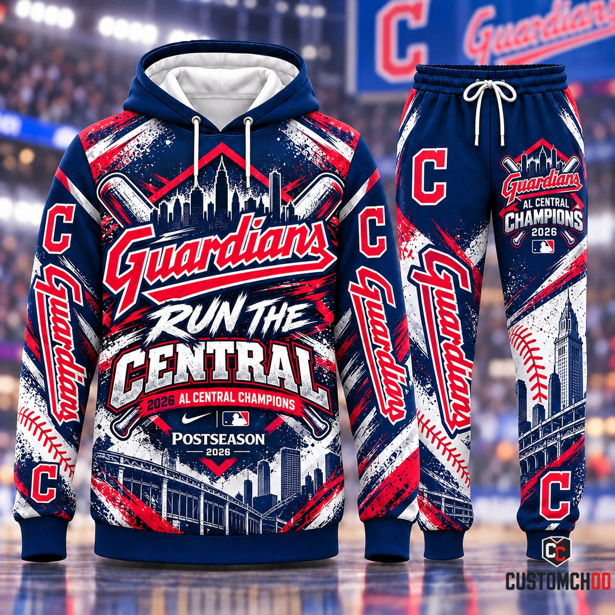 Cleveland Guardians Run The Central Crossed Bats Postseason 2026 Hoodie and Sweatpants Tracksuit Set with Terminal Tower Graphic
