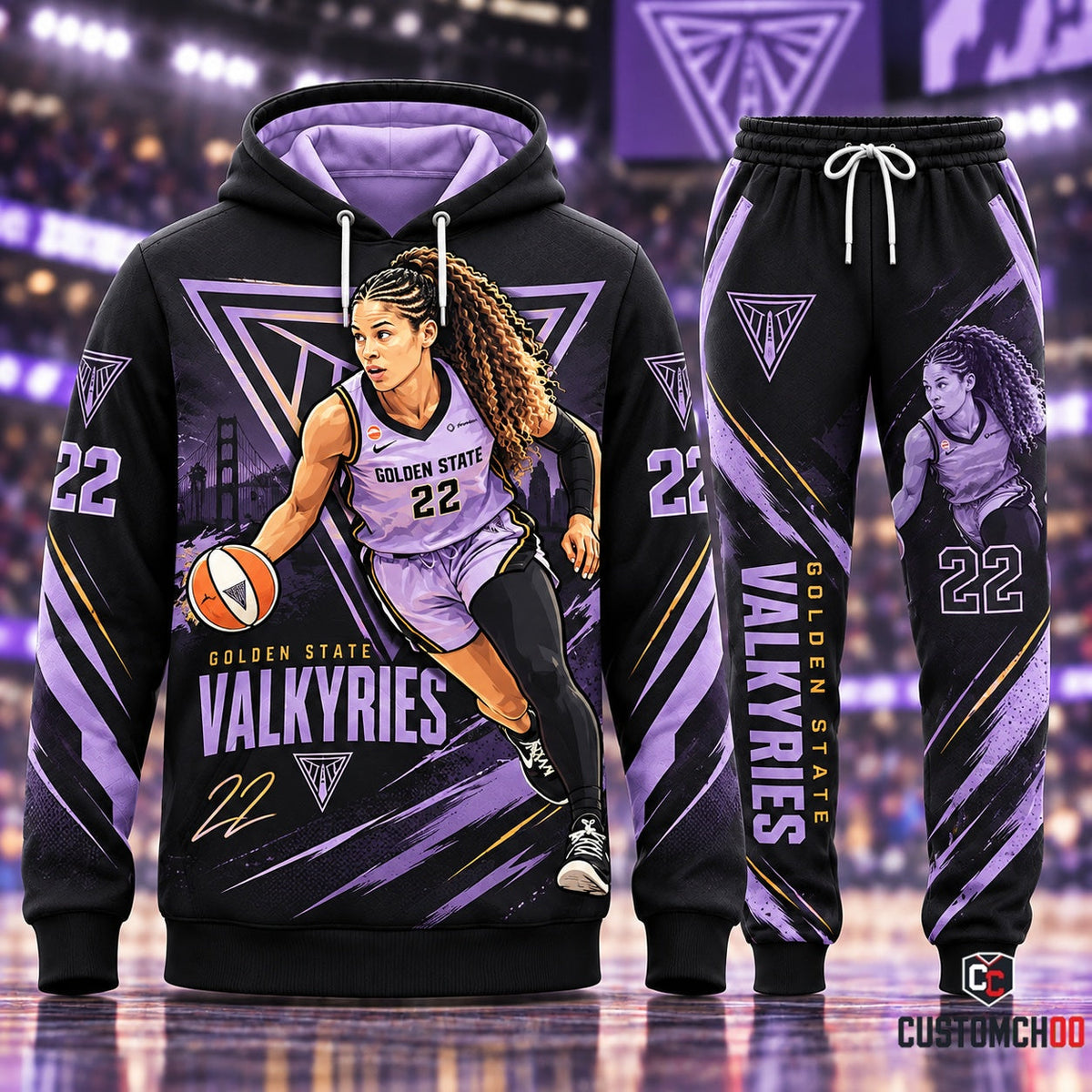 Veronica Burton #22 Fastbreak Crossover Dribble Golden State Valkyries Graphic Pullover Hoodie and Sweatpants Set with Bay Bridge Silhouette