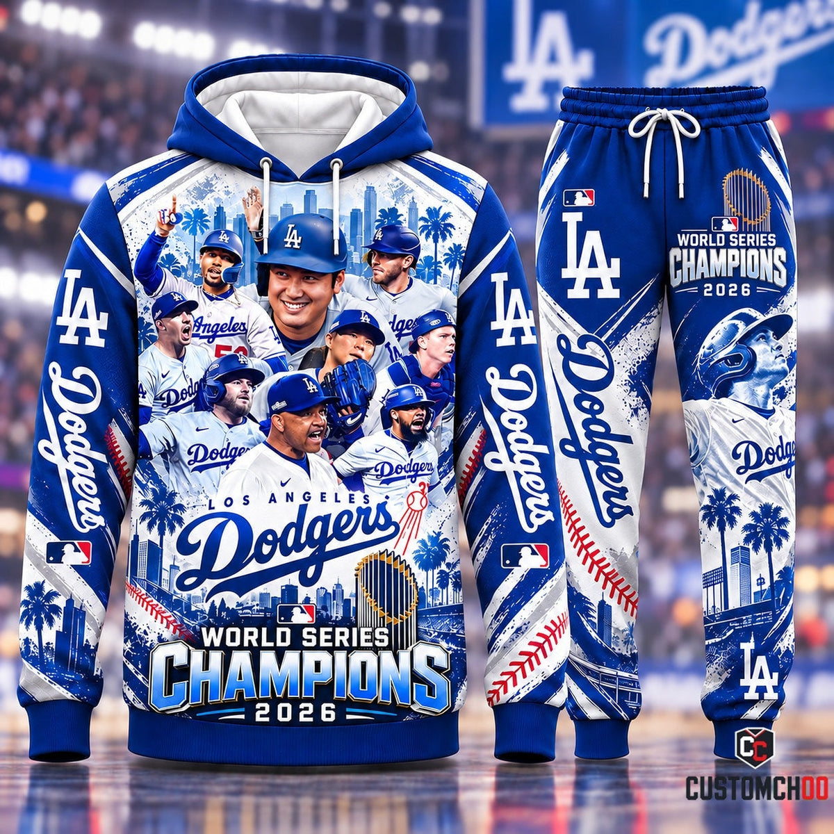 Los Angeles Dodgers World Series Champions 2026 Victory Squad lineup hoodie and sweatpants matching fan set - front view