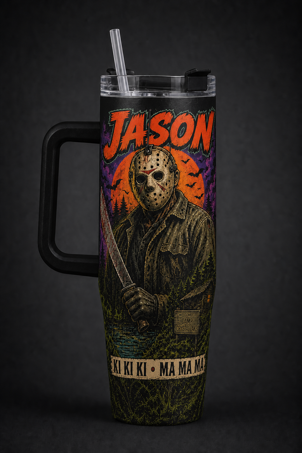 Jason Voorhees – Ki Ki Ki Ma Ma Ma black 40oz horror tumbler with handle