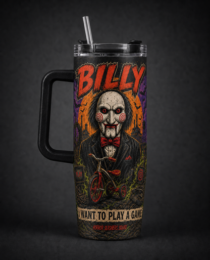 Billy the Puppet – I Want to Play a Game black 40oz horror tumbler with handle