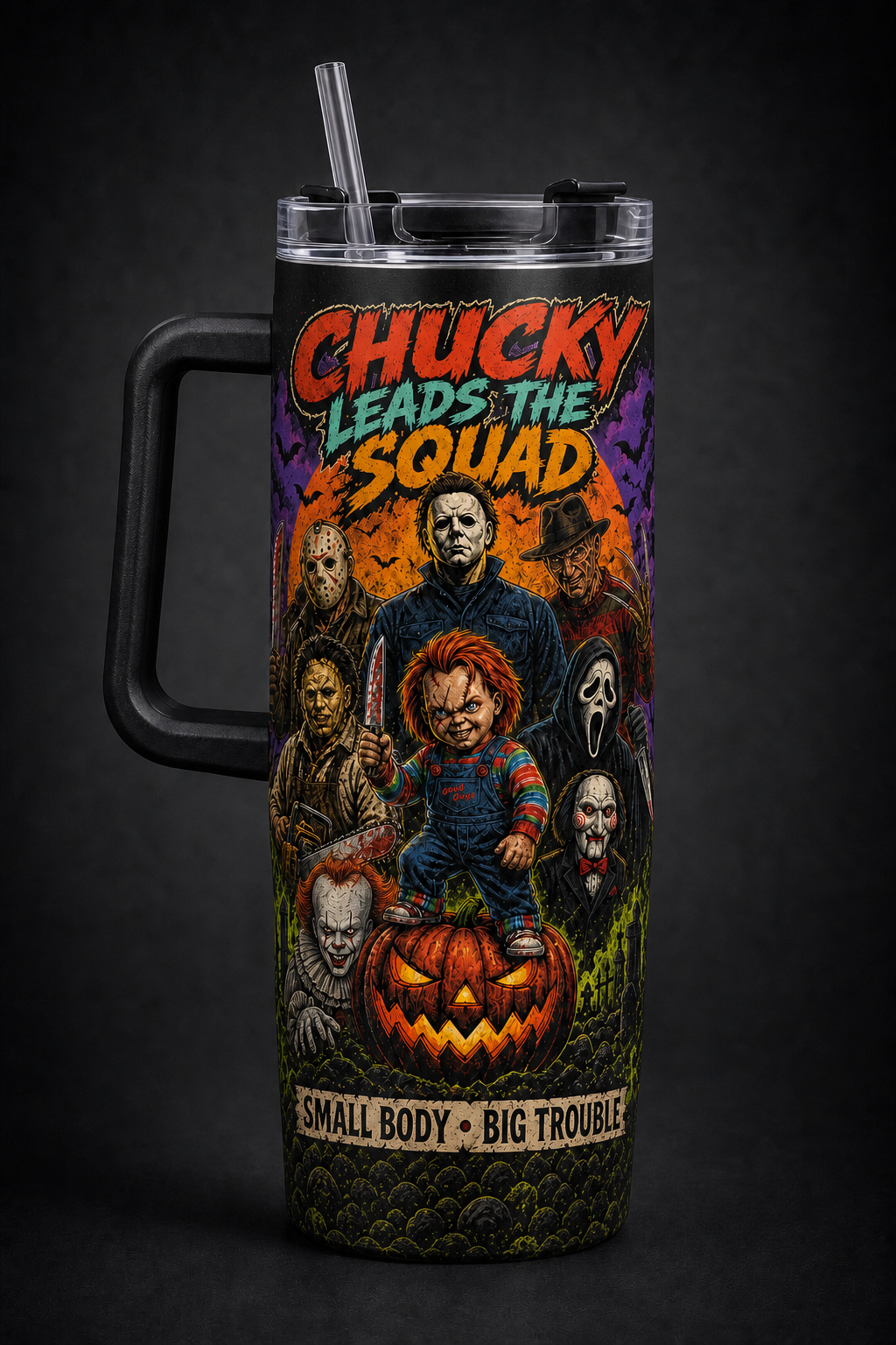 Full Horror Slashers Squad black 40oz horror tumbler with handle