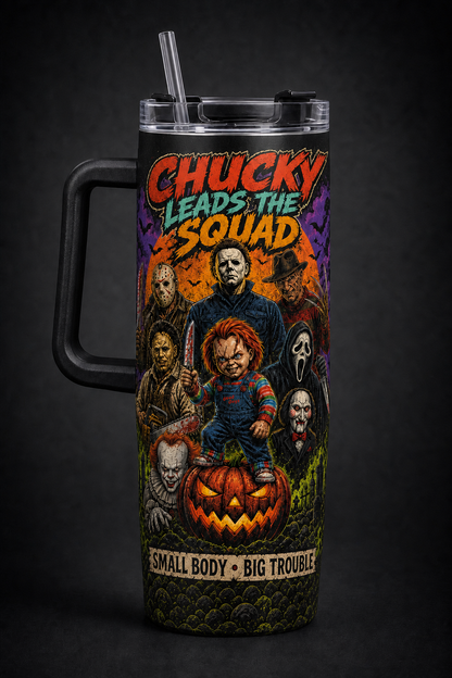 Full Horror Slashers Squad black 40oz horror tumbler with handle