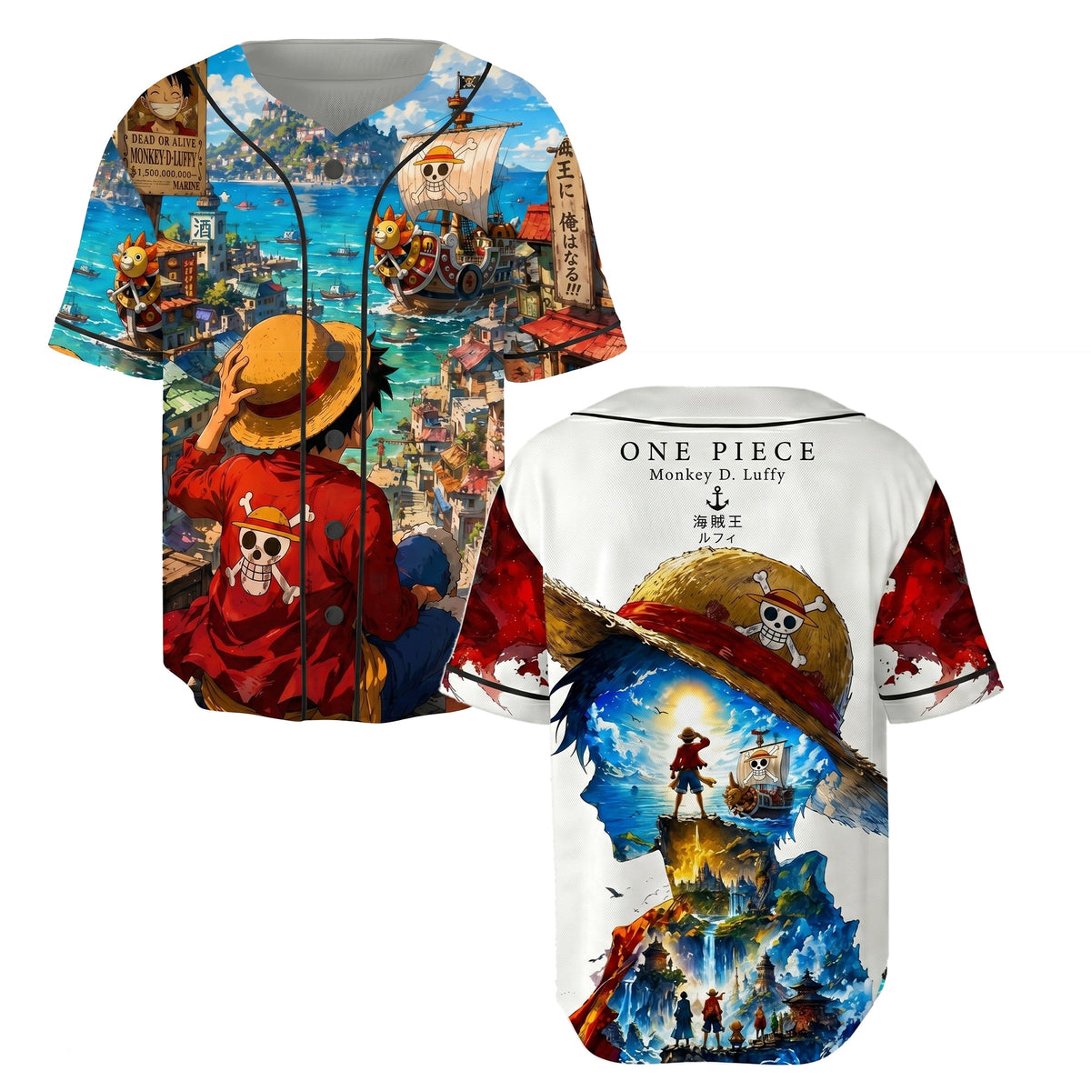 Red Blue Authentic Baseball Jersey — Anime Pirate Inspired Button Up Jersey — Manga Fan Cosplay Spor - Custom Fan Apparel Image 1