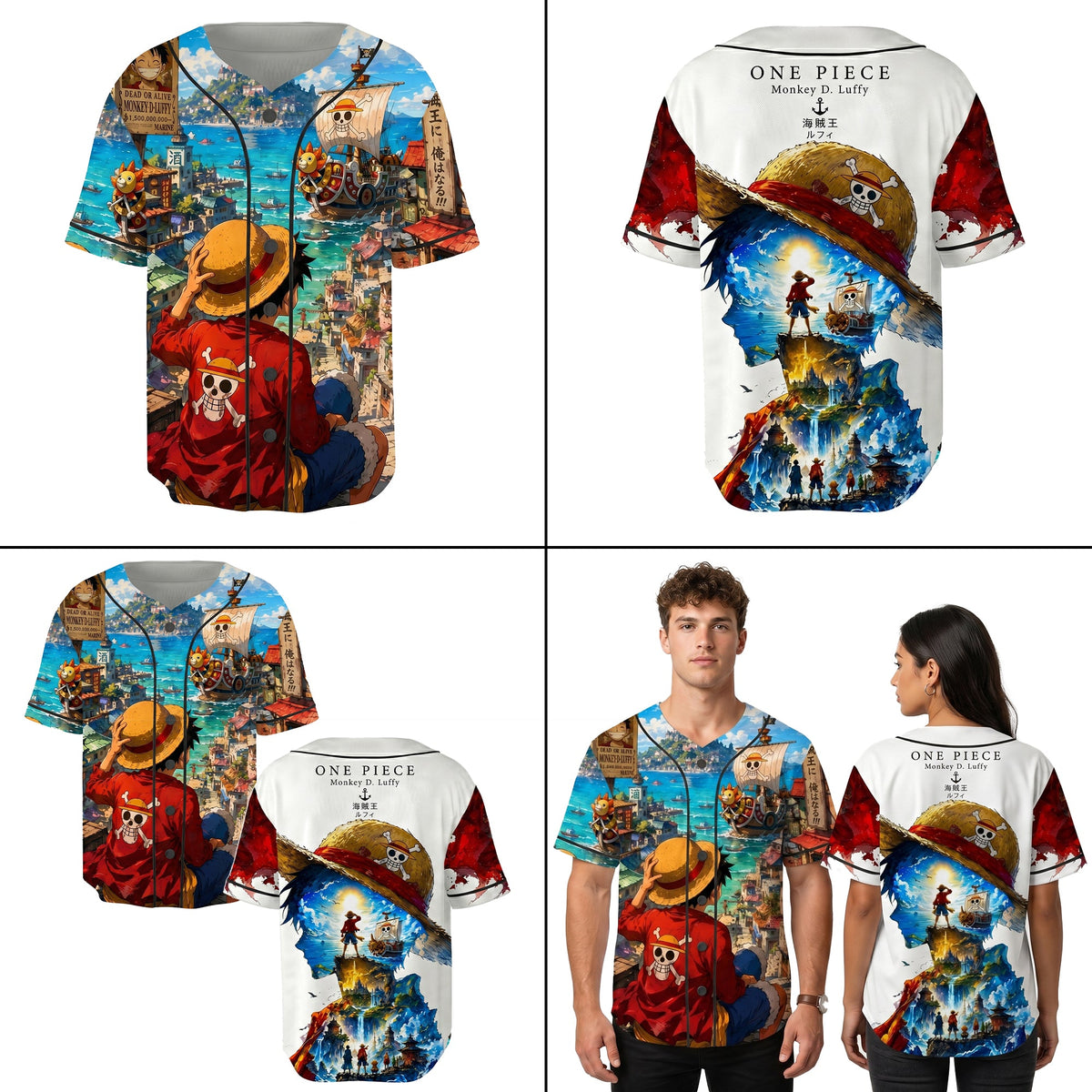 Red Blue Authentic Baseball Jersey — Anime Pirate Inspired Button Up Jersey — Manga Fan Cosplay Spor - Custom Fan Apparel Image 3