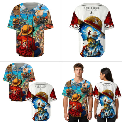 Red Blue Authentic Baseball Jersey — Anime Pirate Inspired Button Up Jersey — Manga Fan Cosplay Spor - Custom Fan Apparel Image 3