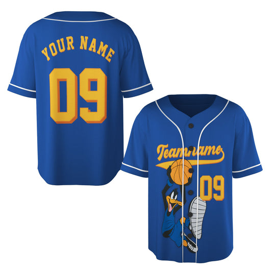 Custom Royal Blue Authentic Baseball Jersey — Cartoon Basketball Duck Button Up Jersey — Retro Sport - Custom Fan Apparel Image 1