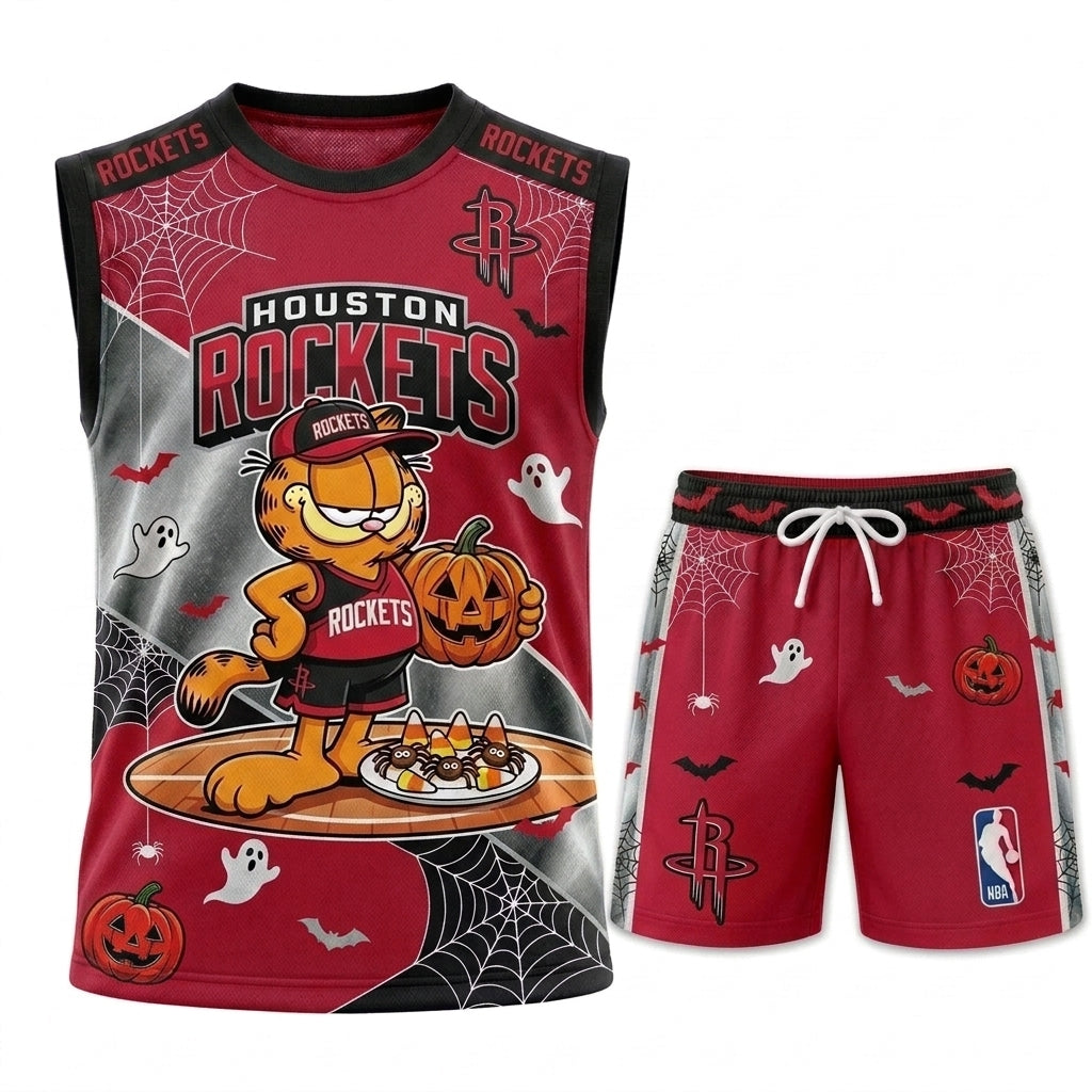 Halloween Basketball Jersey And Shorts Set — Cartoon Cat Sport Fan Outfit | 30 Teams Available