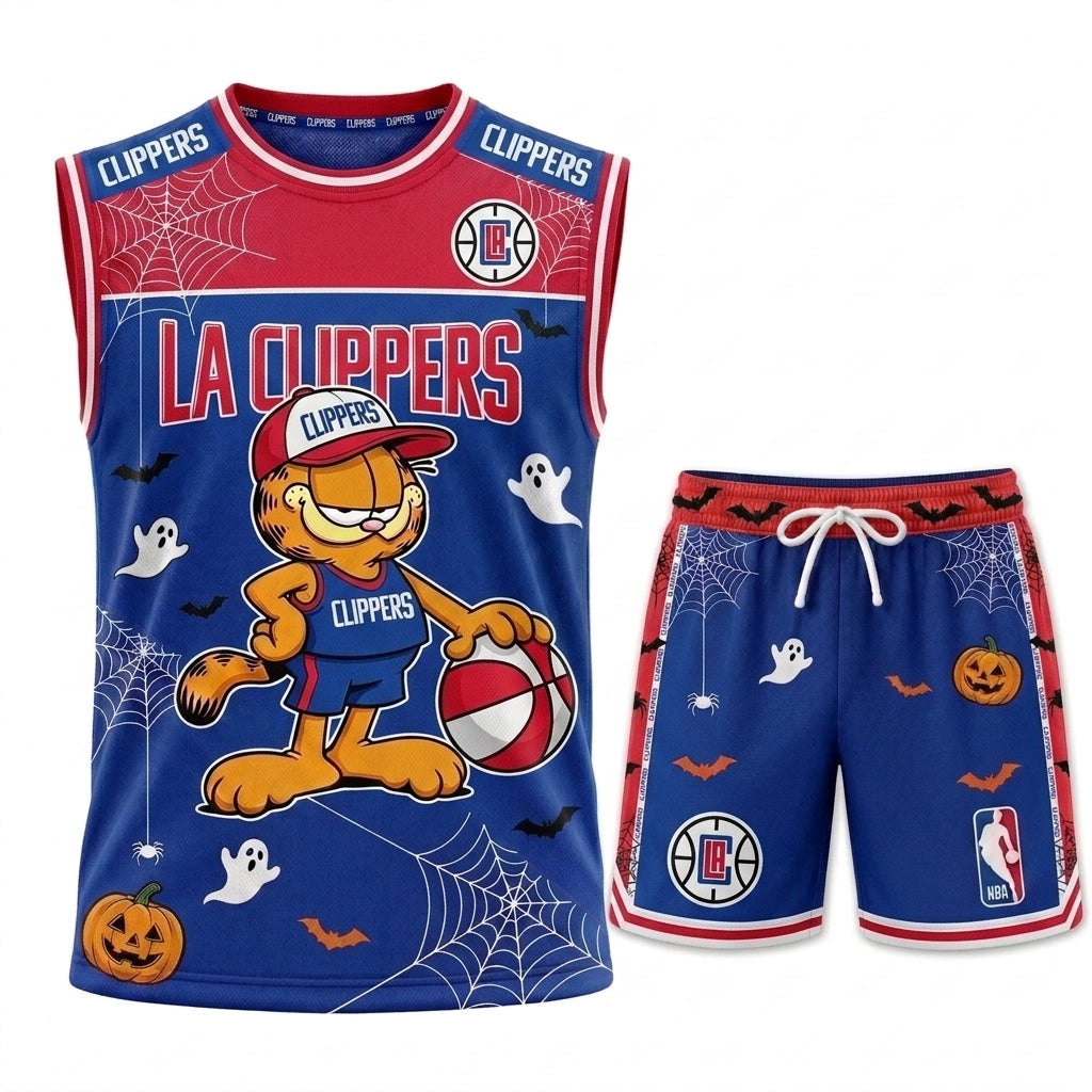 Halloween Basketball Jersey And Shorts Set — Cartoon Cat Sport Fan Outfit | 30 Teams Available