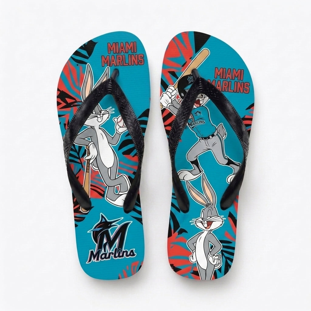 Cartoon Rabbit Baseball Flip Flops — Sport Fan Sandals | 30 Teams Available - Custom Fan Apparel Image 2