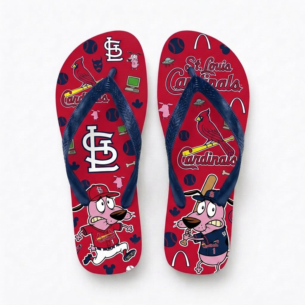 Cartoon Pink Dog Baseball Flip Flops — Sport Fan Sandals | 30 Teams Available