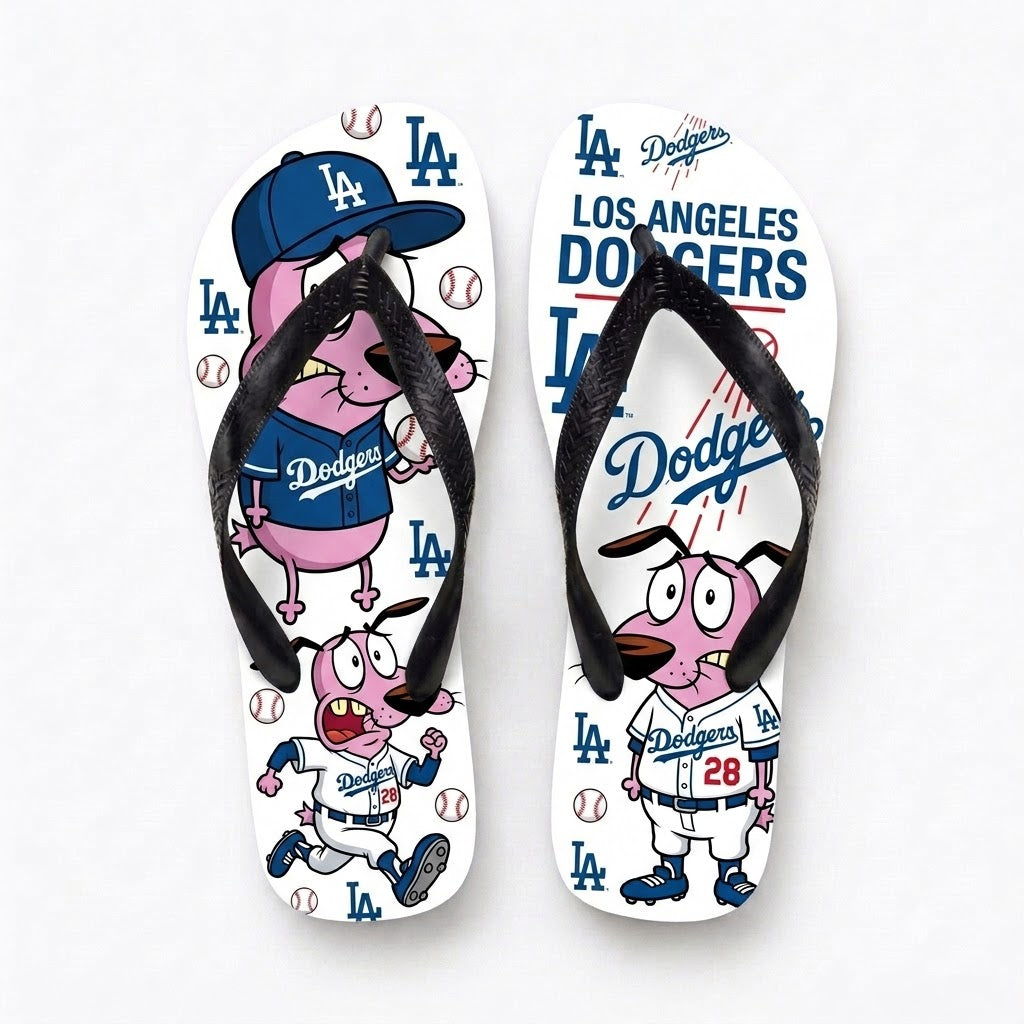 Cartoon Pink Dog Baseball Flip Flops — Sport Fan Sandals | 30 Teams Available - Custom Fan Apparel Image 6