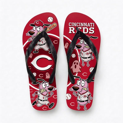 Cartoon Pink Dog Baseball Flip Flops — Sport Fan Sandals | 30 Teams Available