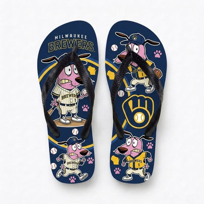 Cartoon Pink Dog Baseball Flip Flops — Sport Fan Sandals | 30 Teams Available