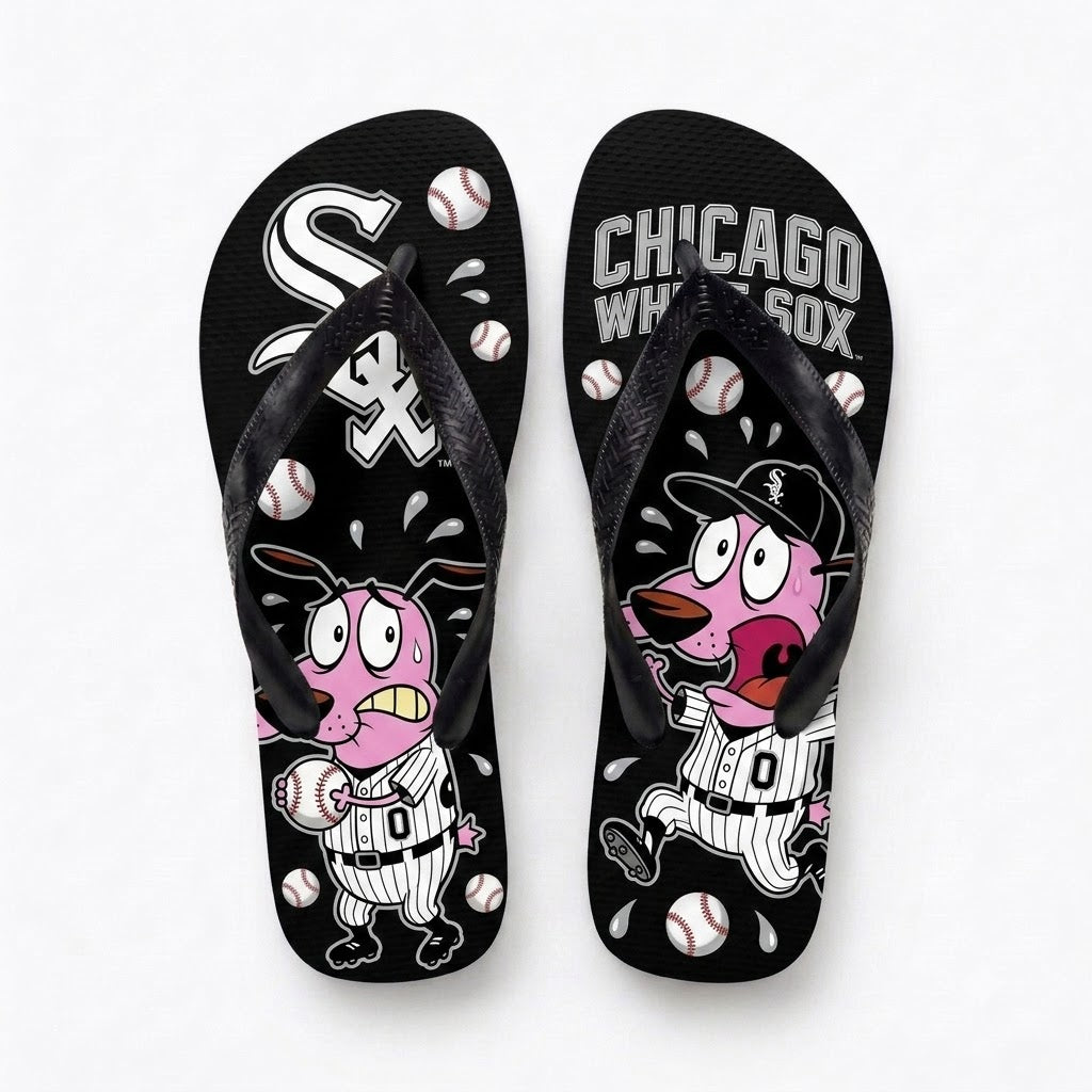 Cartoon Pink Dog Baseball Flip Flops — Sport Fan Sandals | 30 Teams Available - Custom Fan Apparel Image 3