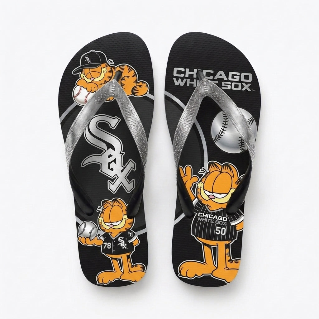 Cartoon Orange Cat Baseball Flip Flops — Sport Fan Sandals | 30 Teams Available - Custom Fan Apparel Image 3