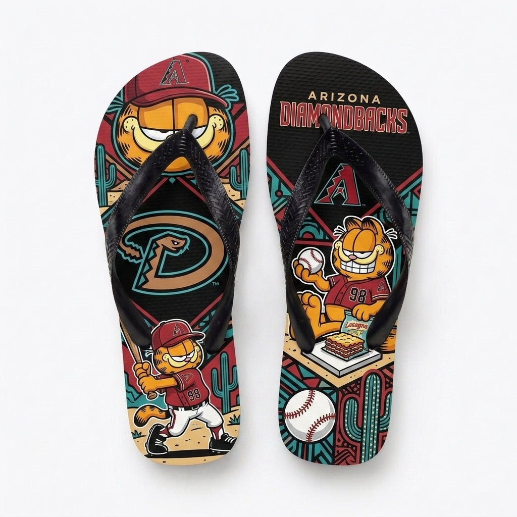 Cartoon Orange Cat Baseball Flip Flops — Sport Fan Sandals | 30 Teams Available