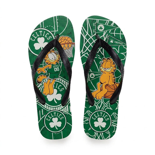 Cartoon Orange Cat Basketball Flip Flops — Sport Fan Sandals | 30 Teams Available - Custom Fan Apparel Image 1
