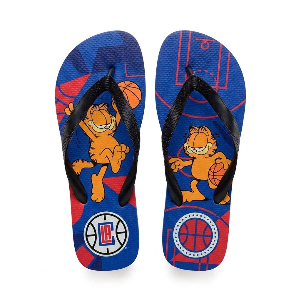Cartoon Orange Cat Basketball Flip Flops — Sport Fan Sandals | 30 Teams Available