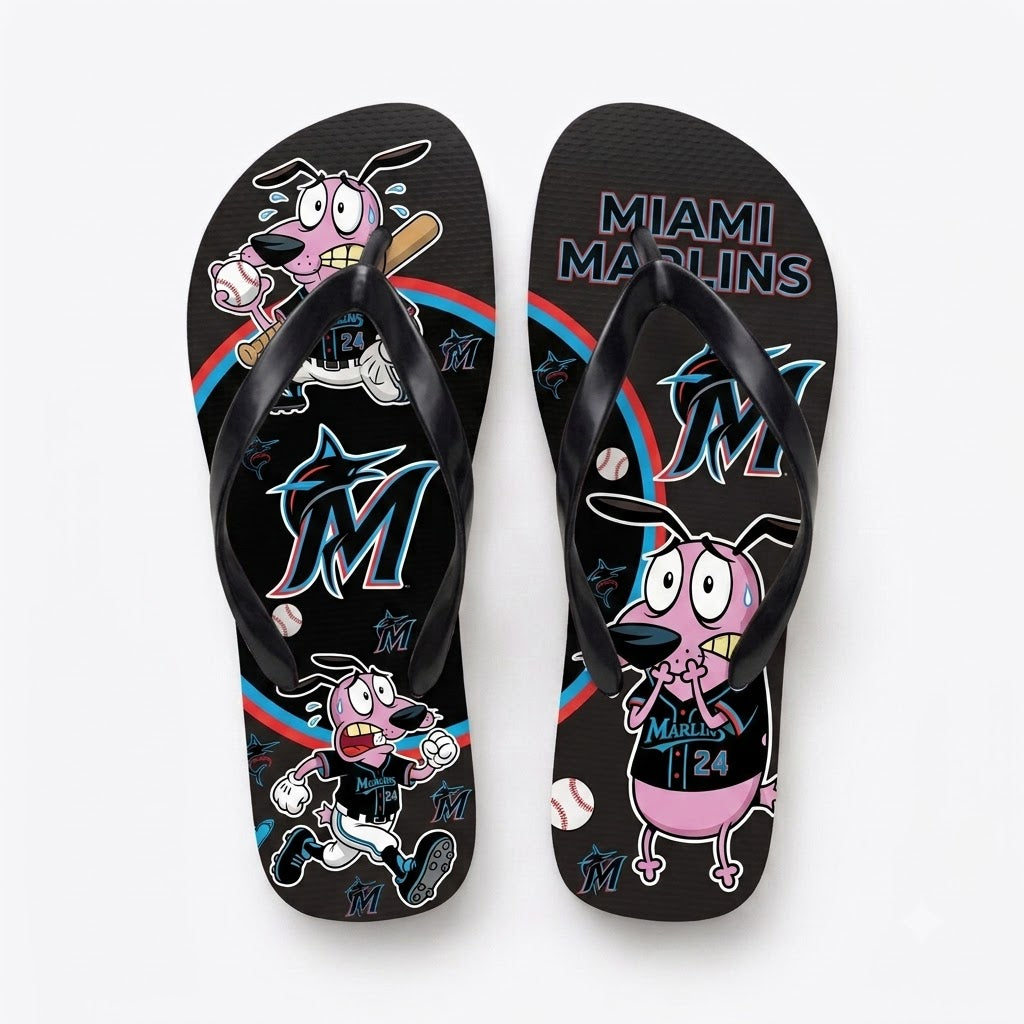 Cartoon Pink Dog Baseball Flip Flops — Sport Fan Sandals | 30 Teams Available - Custom Fan Apparel Image 2