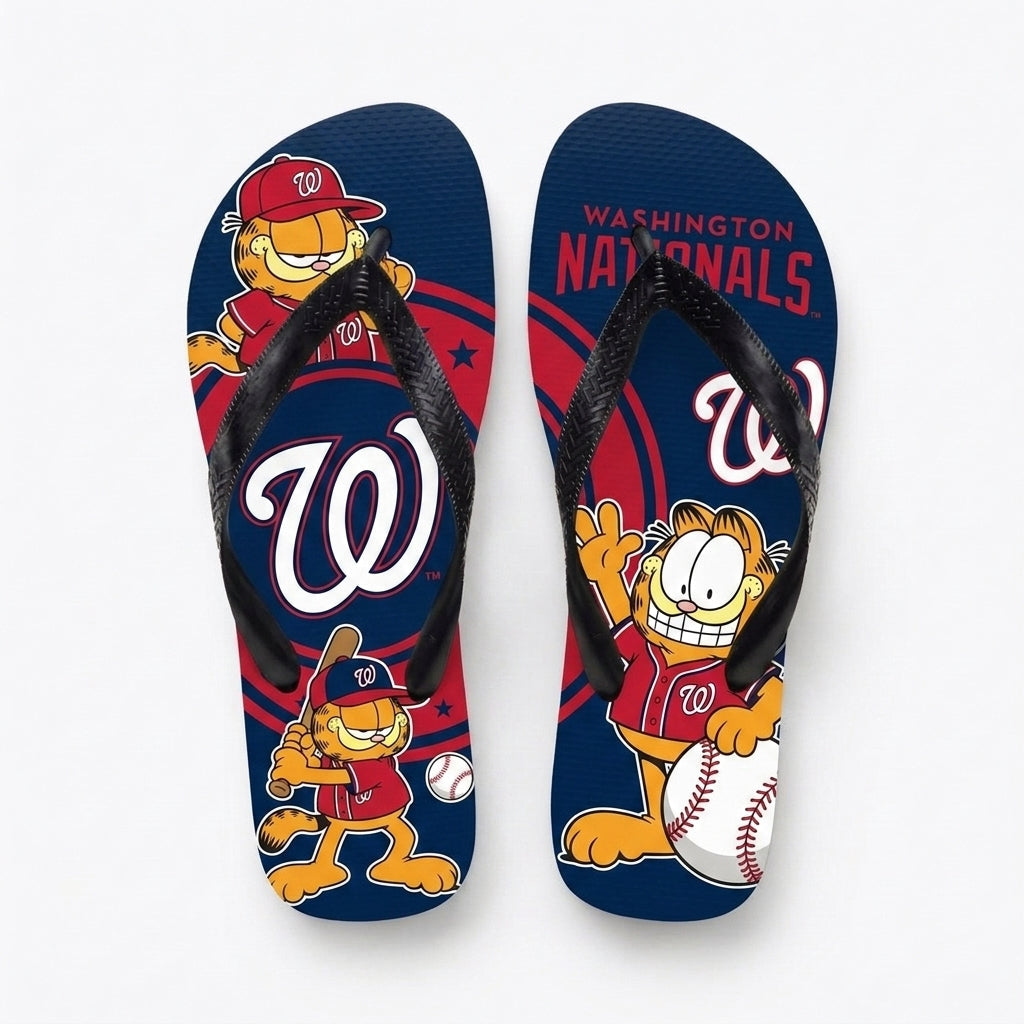 Cartoon Orange Cat Baseball Flip Flops — Sport Fan Sandals | 30 Teams Available