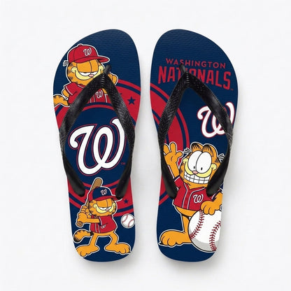 Cartoon Orange Cat Baseball Flip Flops — Sport Fan Sandals | 30 Teams Available
