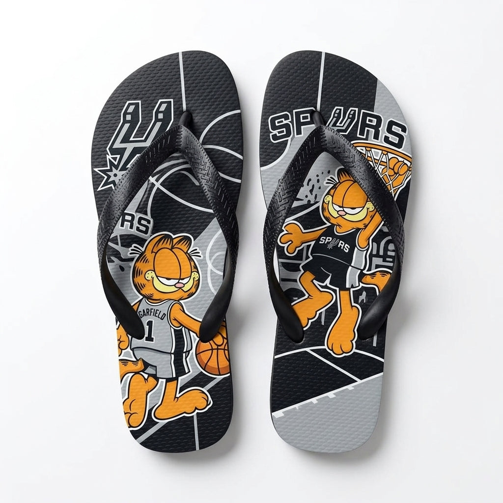 Cartoon Orange Cat Basketball Flip Flops — Sport Fan Sandals | 30 Teams Available