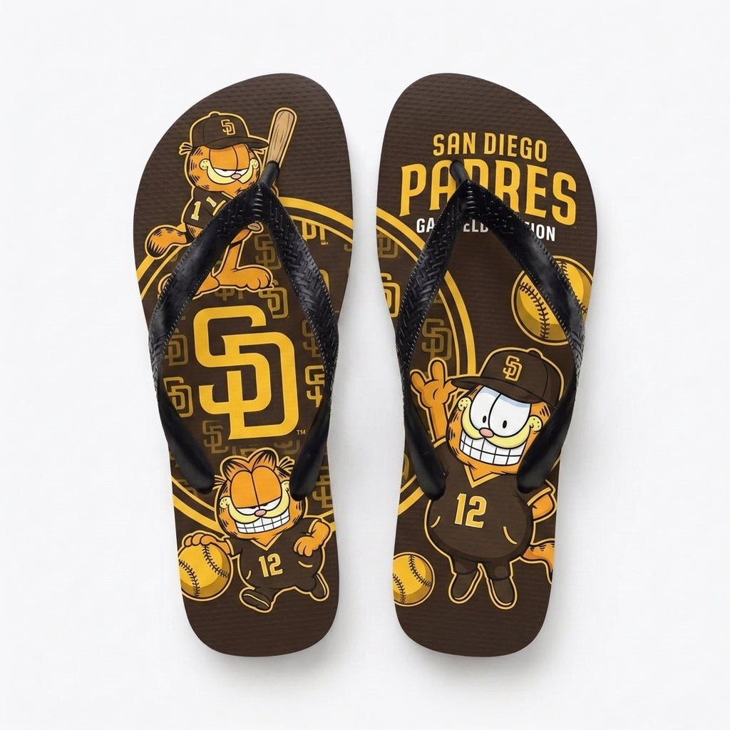 Cartoon Orange Cat Baseball Flip Flops — Sport Fan Sandals | 30 Teams Available