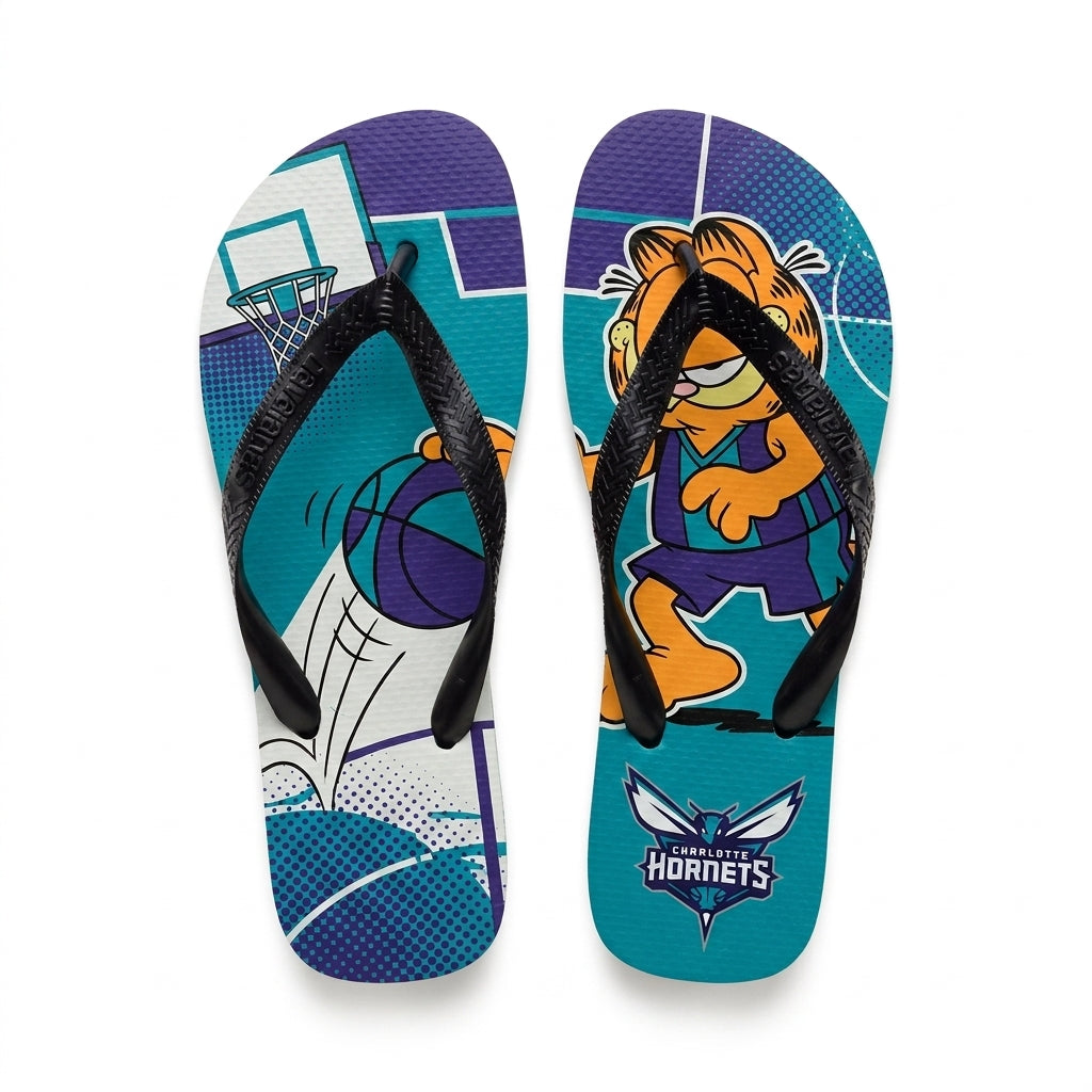 Cartoon Orange Cat Basketball Flip Flops — Sport Fan Sandals | 30 Teams Available - Custom Fan Apparel Image 12