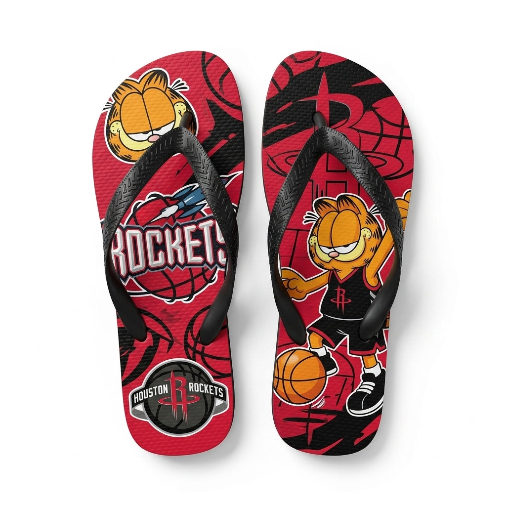 Cartoon Orange Cat Basketball Flip Flops — Sport Fan Sandals | 30 Teams Available
