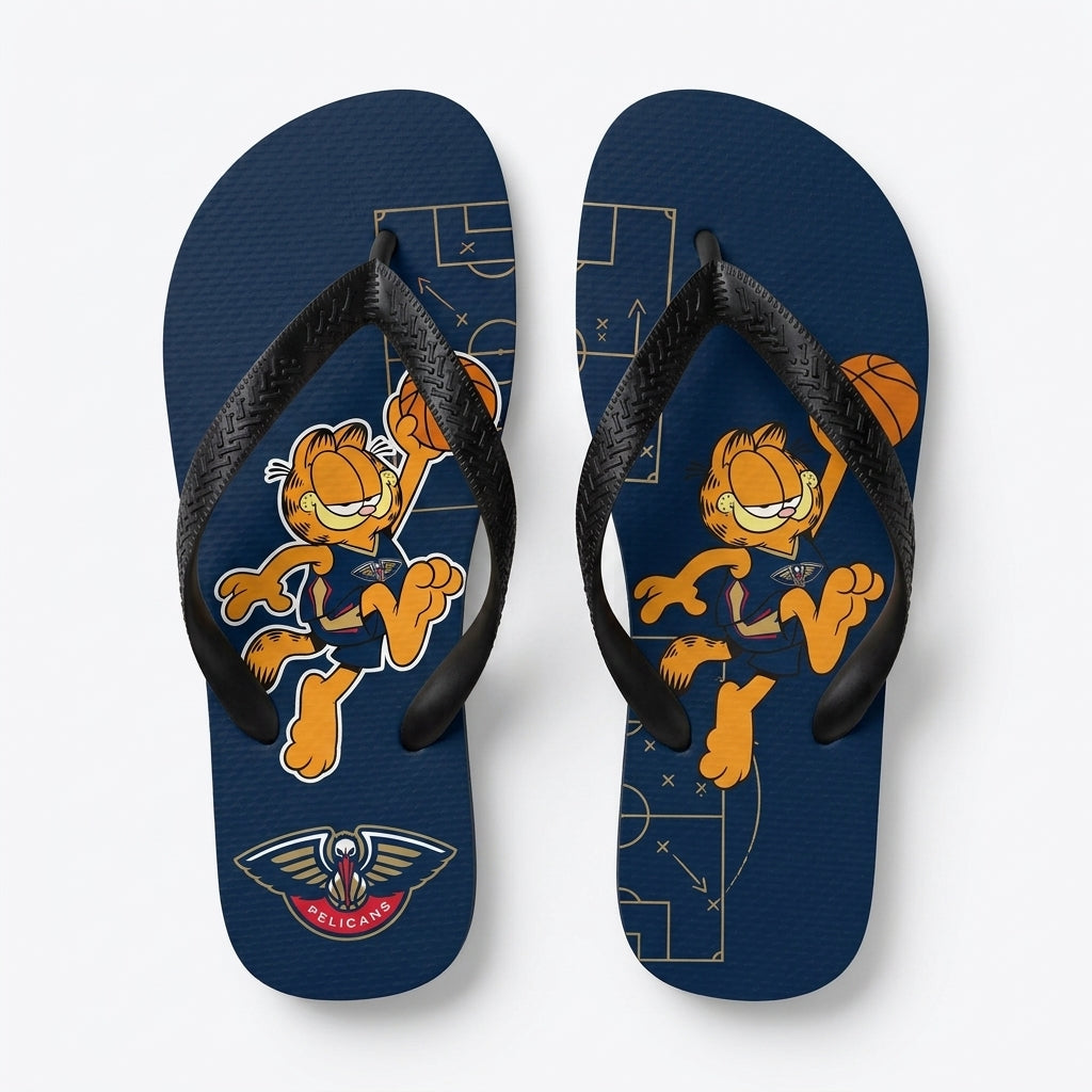 Cartoon Orange Cat Basketball Flip Flops — Sport Fan Sandals | 30 Teams Available