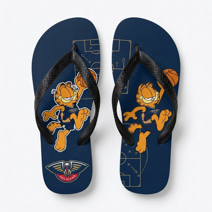 Cartoon Orange Cat Basketball Flip Flops — Sport Fan Sandals | 30 Teams Available