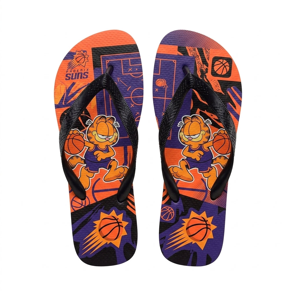 Cartoon Orange Cat Basketball Flip Flops — Sport Fan Sandals | 30 Teams Available