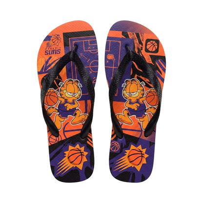 Cartoon Orange Cat Basketball Flip Flops — Sport Fan Sandals | 30 Teams Available