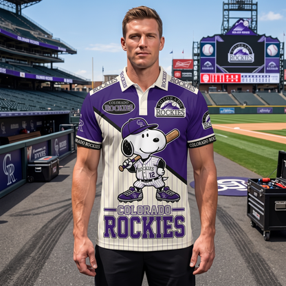 National League — NL Baseball Polo Shirt — Team Color Game Day Polo — Cartoon Dog Baseball Inspired Sports Jersey — Navy Pinstripe Fanwear Shirt