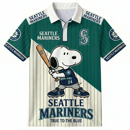 American League - AL Baseball Polo Shirt — Team Color Game Day Polo — Cartoon Dog Baseball Inspired Sports Jersey — Navy Pinstripe Fanwear Shirt