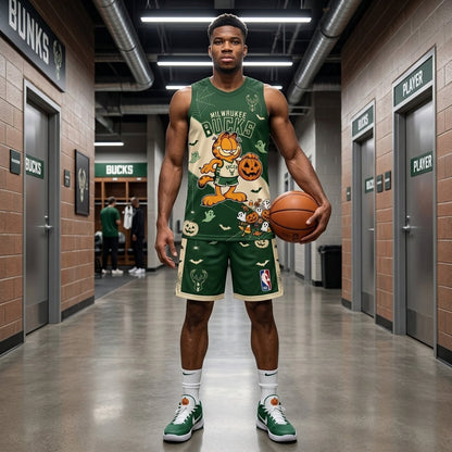 Halloween Basketball Jersey And Shorts Set — Cartoon Cat Sport Fan Outfit | 30 Teams Available