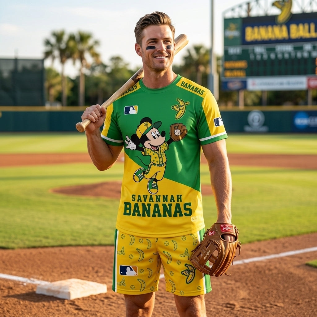 Baseball Fan T-Shirt And Shorts Set — Green Yellow Cartoon Sport Outfit For Summer - Custom Fan Apparel Image 2