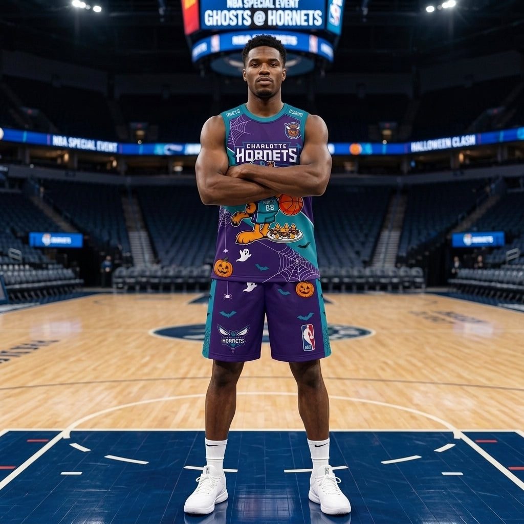 Halloween Basketball Jersey And Shorts Set — Cartoon Cat Sport Fan Outfit | 30 Teams Available