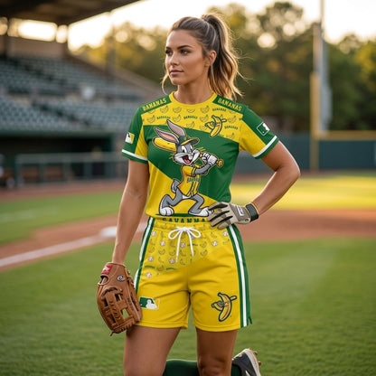 Baseball Fan T-Shirt And Shorts Set — Green Yellow Cartoon Sport Outfit For Summer
