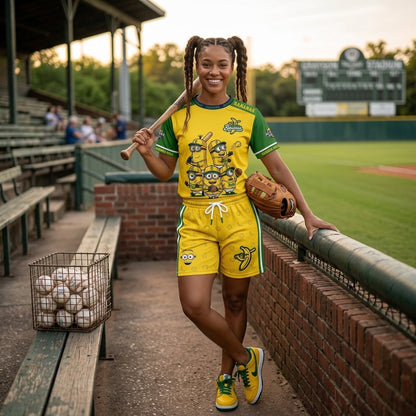 Baseball Fan T-Shirt And Shorts Set — Green Yellow Cartoon Sport Outfit For Summer
