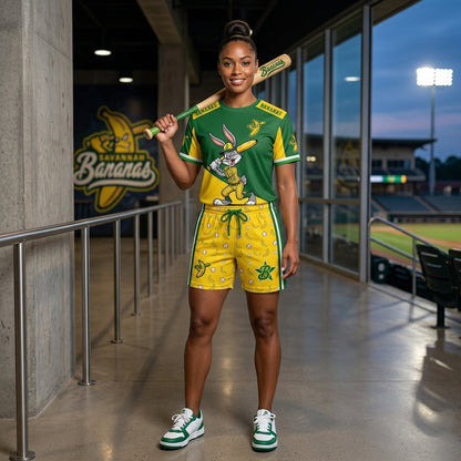 Baseball Fan T-Shirt And Shorts Set — Green Yellow Cartoon Sport Outfit For Summer