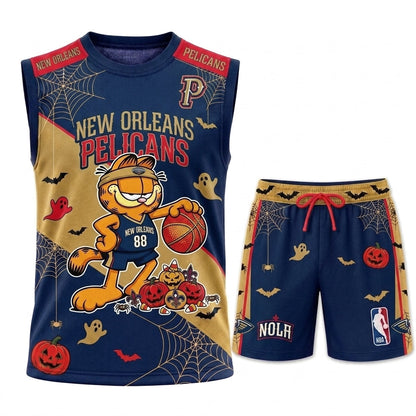 Halloween Basketball Jersey And Shorts Set — Cartoon Cat Sport Fan Outfit | 30 Teams Available
