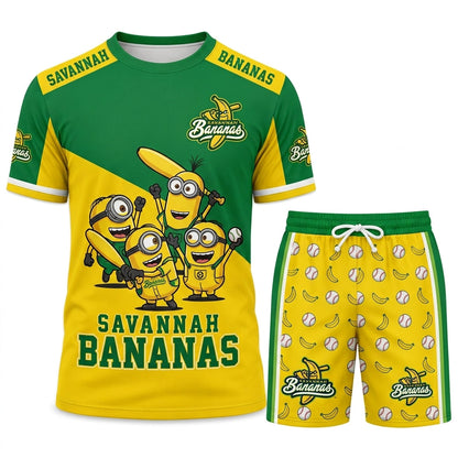 Baseball Fan T-Shirt And Shorts Set — Green Yellow Cartoon Sport Outfit For Summer