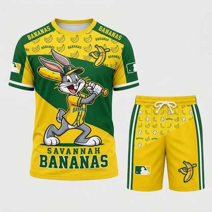 Baseball Fan T-Shirt And Shorts Set — Green Yellow Cartoon Sport Outfit For Summer