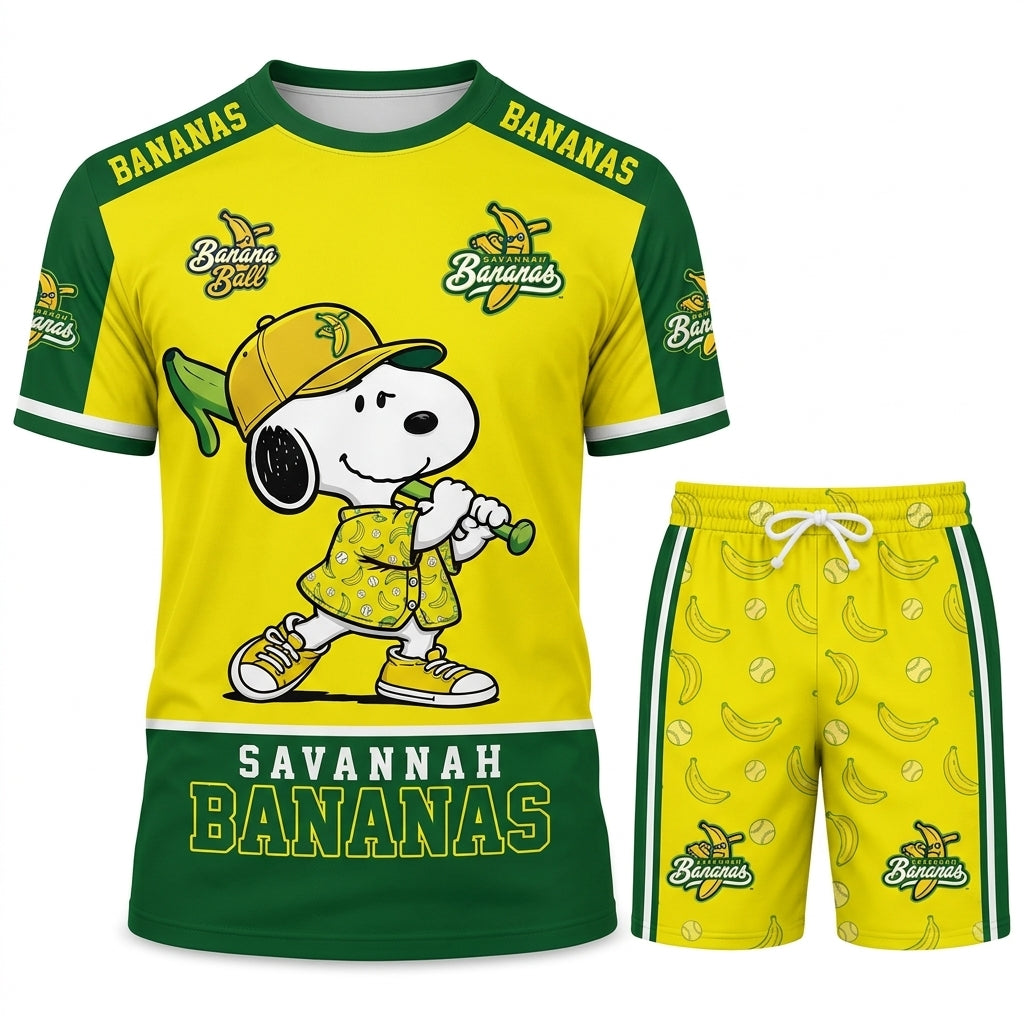 Baseball Fan T-Shirt And Shorts Set — Green Yellow Cartoon Sport Outfit For Summer