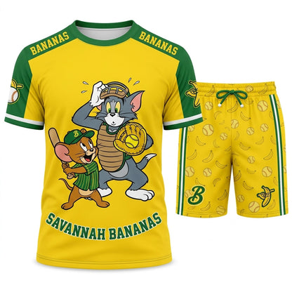 Baseball Fan T-Shirt And Shorts Set — Green Yellow Cartoon Sport Outfit For Summer